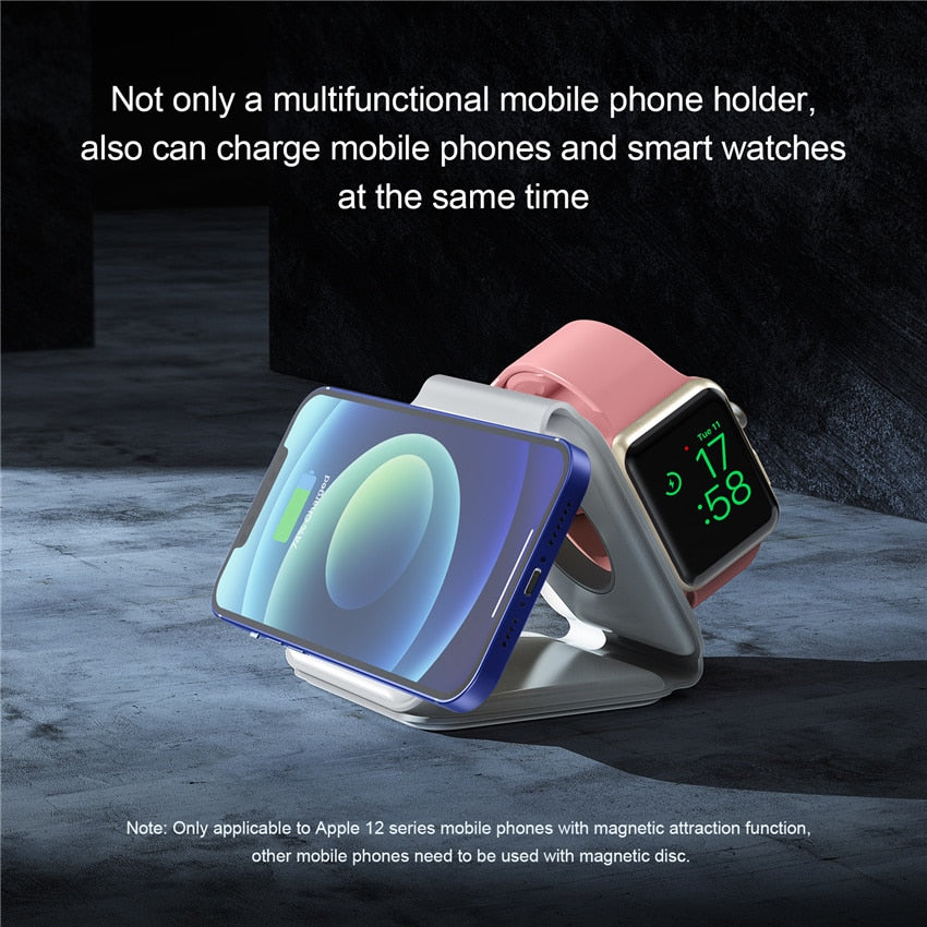 Carregador Sem Fio, 3 em 1 para iPhone 14, 13, 12, 11, XS, X, 8 Apple Watch, AirPods.